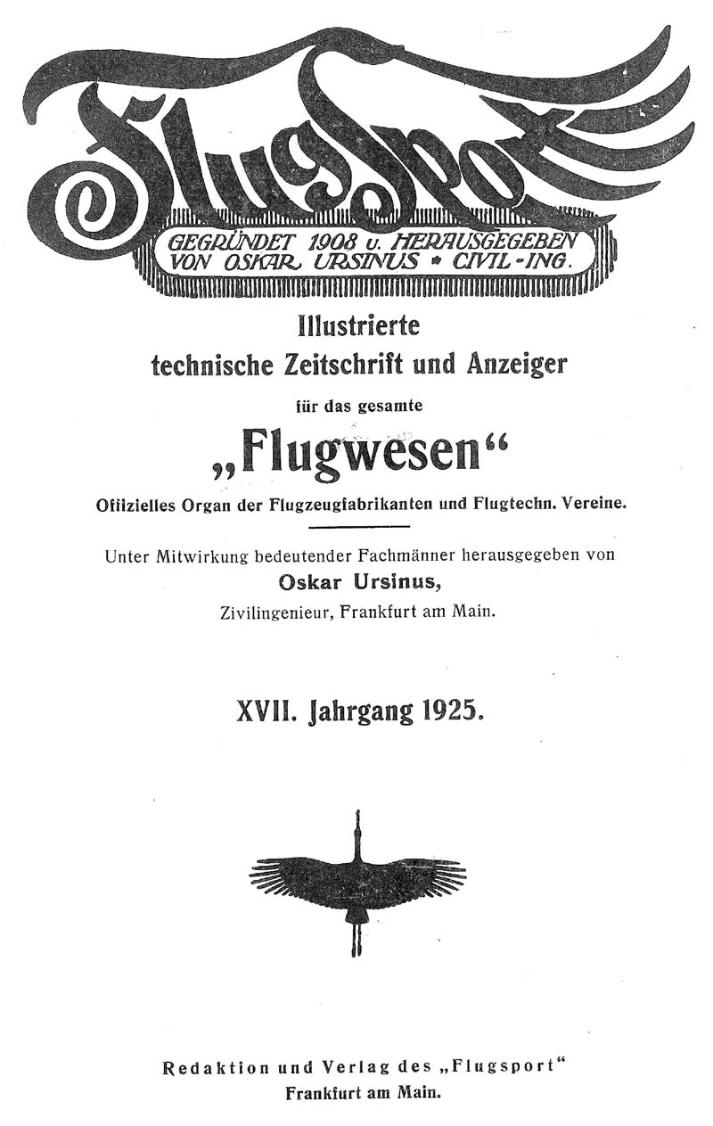 Sachregister und Inhaltsverzeichnis der Zeitschrift Flugsport für das Jahr 1925