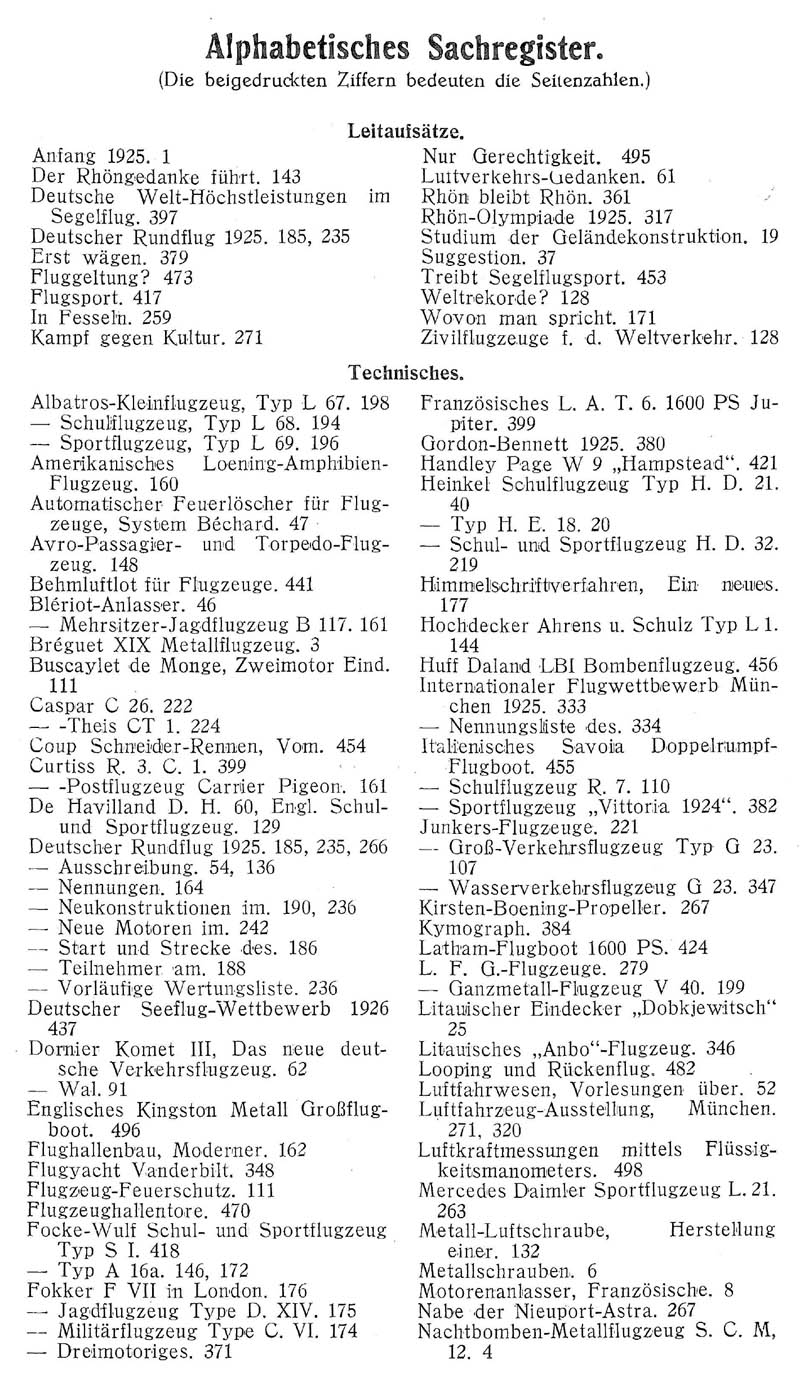 Sachregister und Inhaltsverzeichnis der Zeitschrift Flugsport für das Jahr 1925