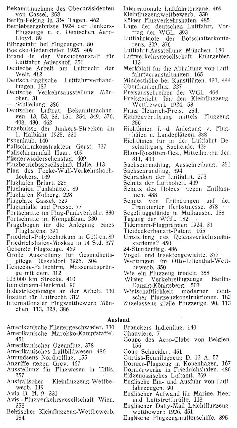Sachregister und Inhaltsverzeichnis der Zeitschrift Flugsport für das Jahr 1925