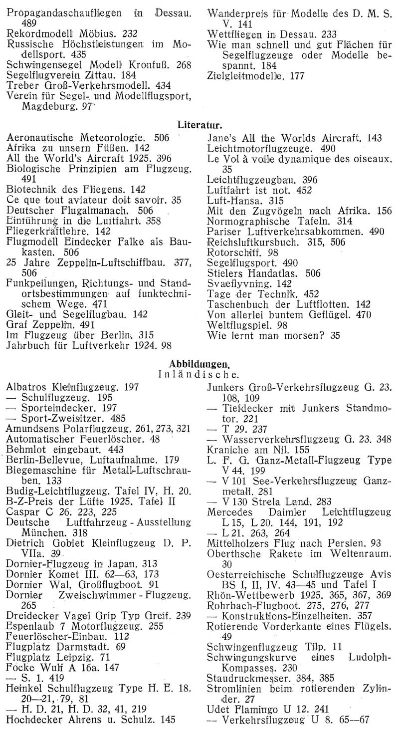 Sachregister und Inhaltsverzeichnis der Zeitschrift Flugsport für das Jahr 1925