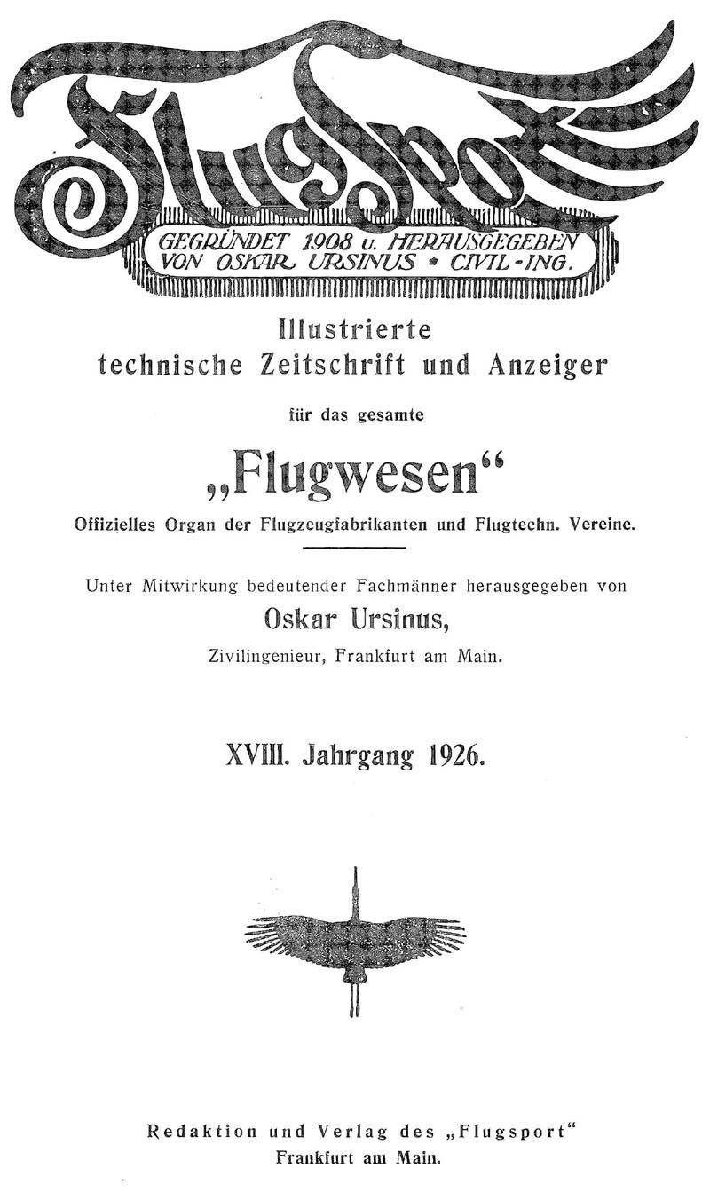 Sachregister und Inhaltsverzeichnis der Zeitschrift Flugsport für das Jahr 1926