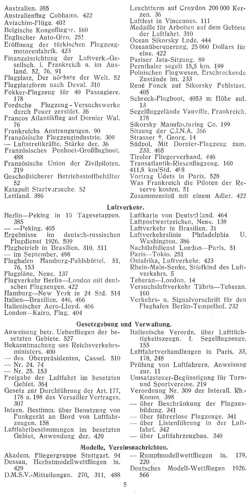 Sachregister und Inhaltsverzeichnis der Zeitschrift Flugsport für das Jahr 1926