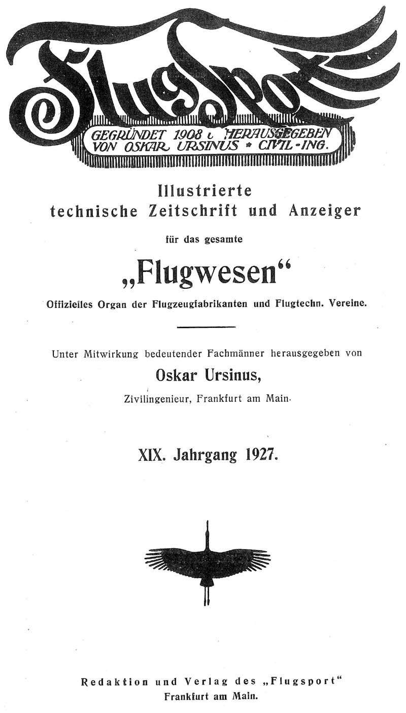 Sachregister und Inhaltsverzeichnis der Zeitschrift Flugsport für das Jahr 1927
