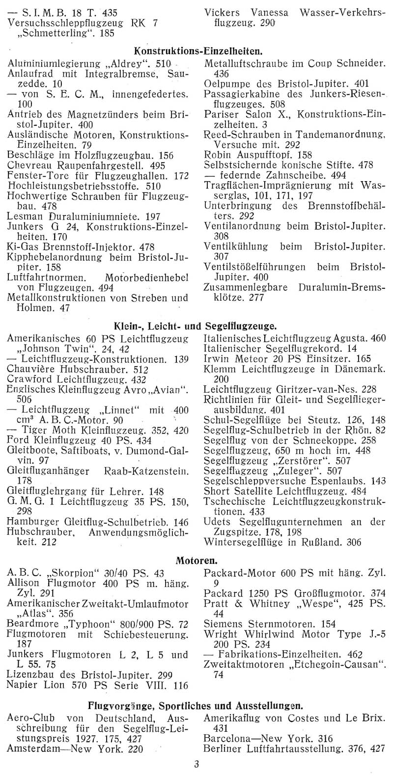 Sachregister und Inhaltsverzeichnis der Zeitschrift Flugsport für das Jahr 1927