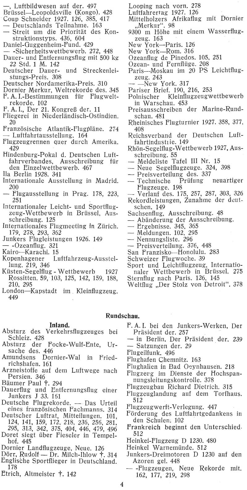 Sachregister und Inhaltsverzeichnis der Zeitschrift Flugsport für das Jahr 1927