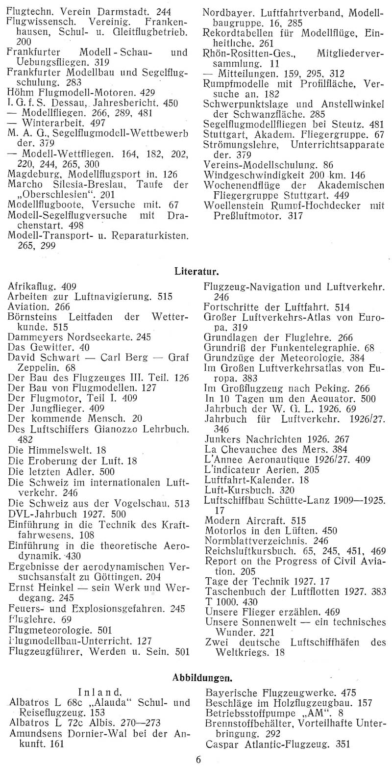 Sachregister und Inhaltsverzeichnis der Zeitschrift Flugsport für das Jahr 1927