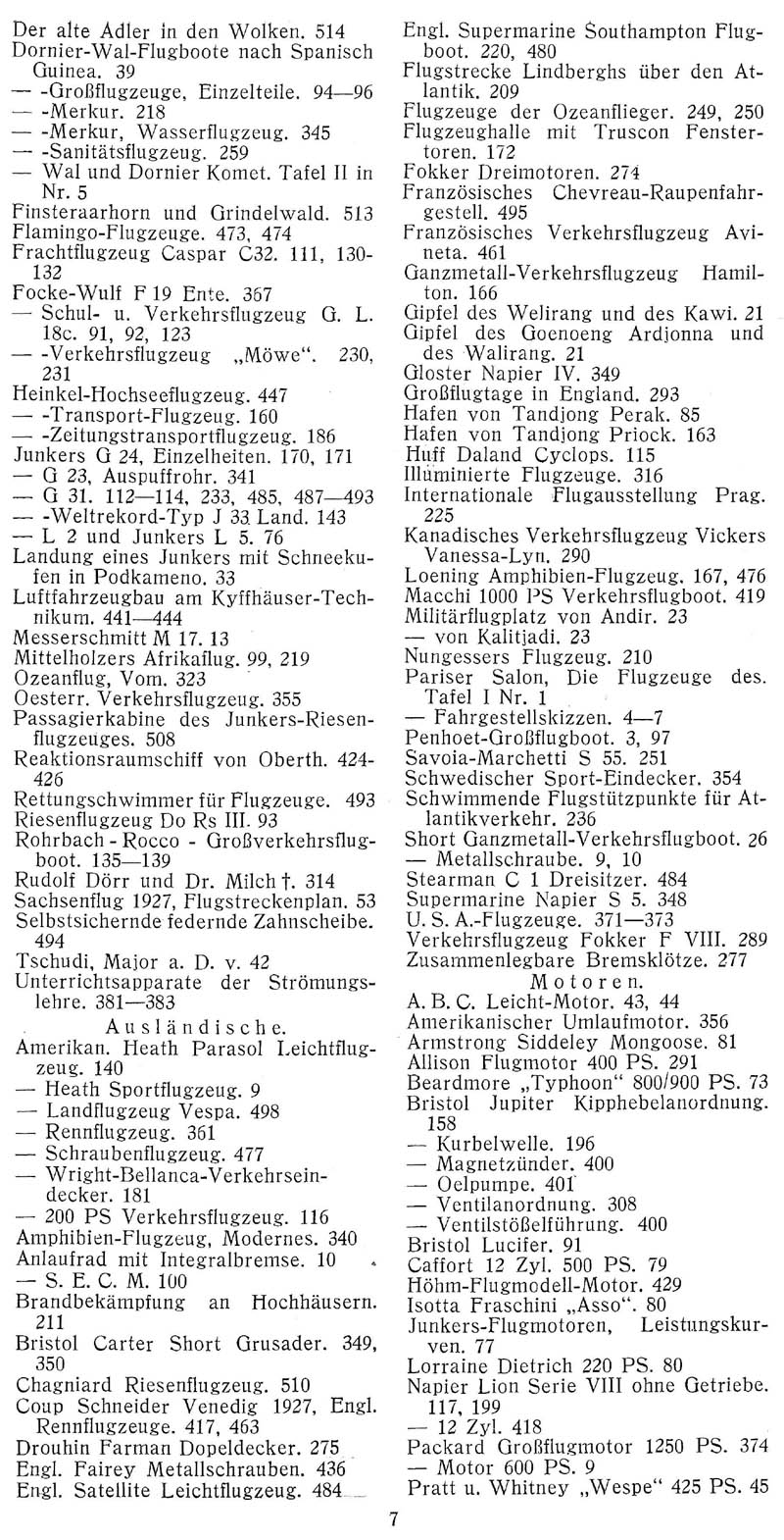 Sachregister und Inhaltsverzeichnis der Zeitschrift Flugsport für das Jahr 1927