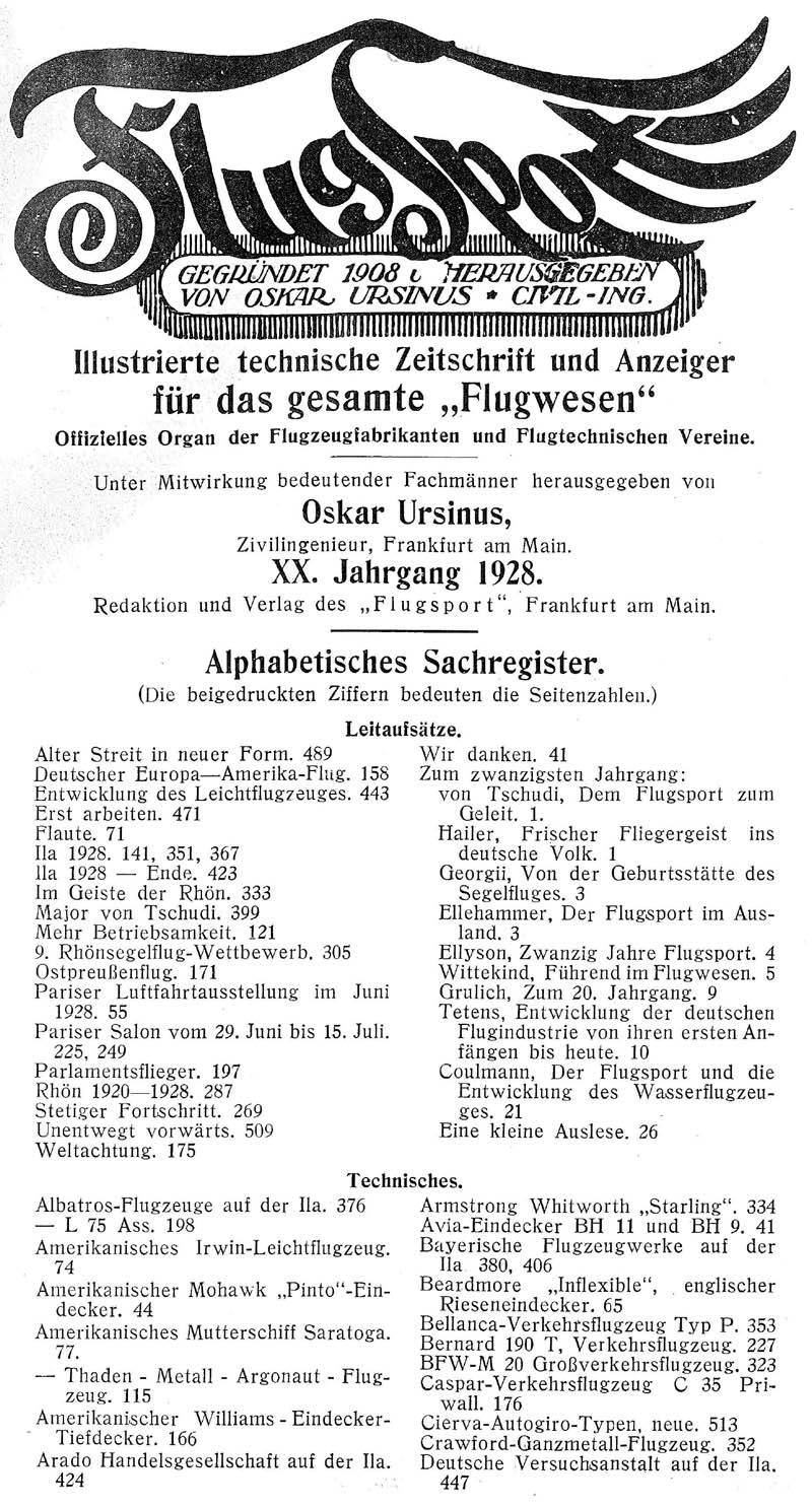 Sachregister und Inhaltsverzeichnis der Zeitschrift Flugsport für das Jahr 1928