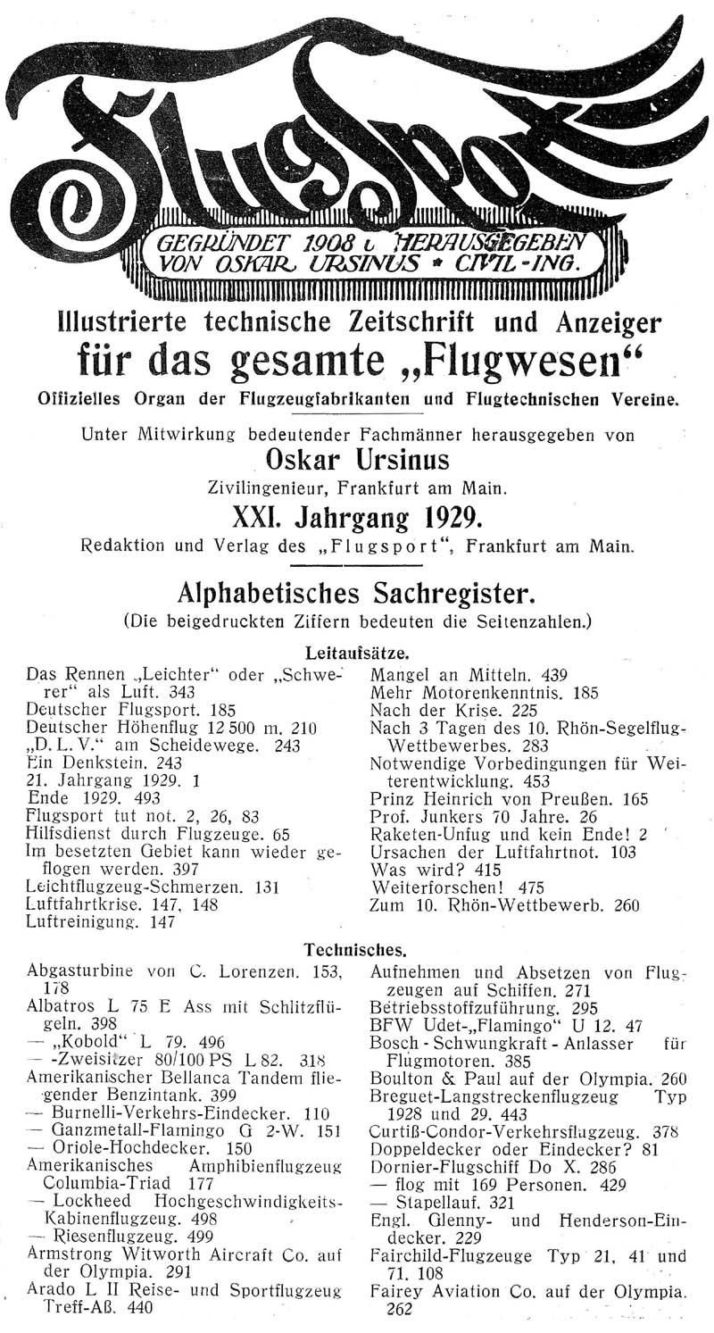 Sachregister und Inhaltsverzeichnis der Zeitschrift Flugsport für das Jahr 1929
