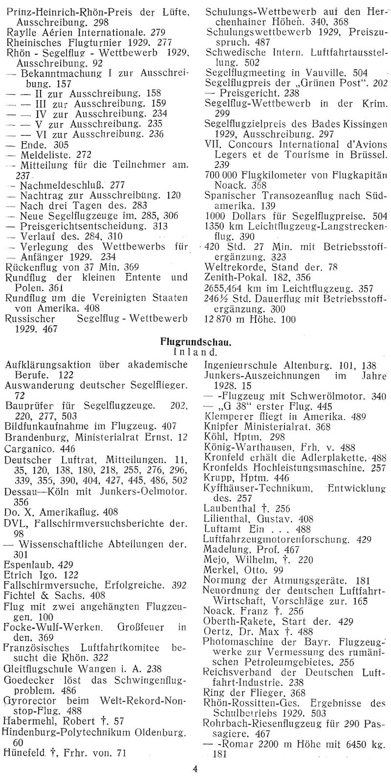 Sachregister und Inhaltsverzeichnis der Zeitschrift Flugsport für das Jahr 1929