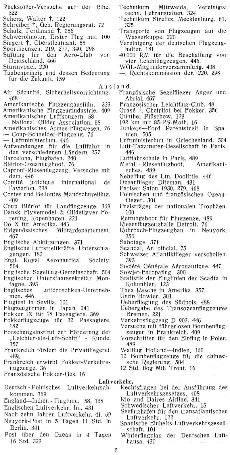 Sachregister und Inhaltsverzeichnis der Zeitschrift Flugsport für das Jahr 1929