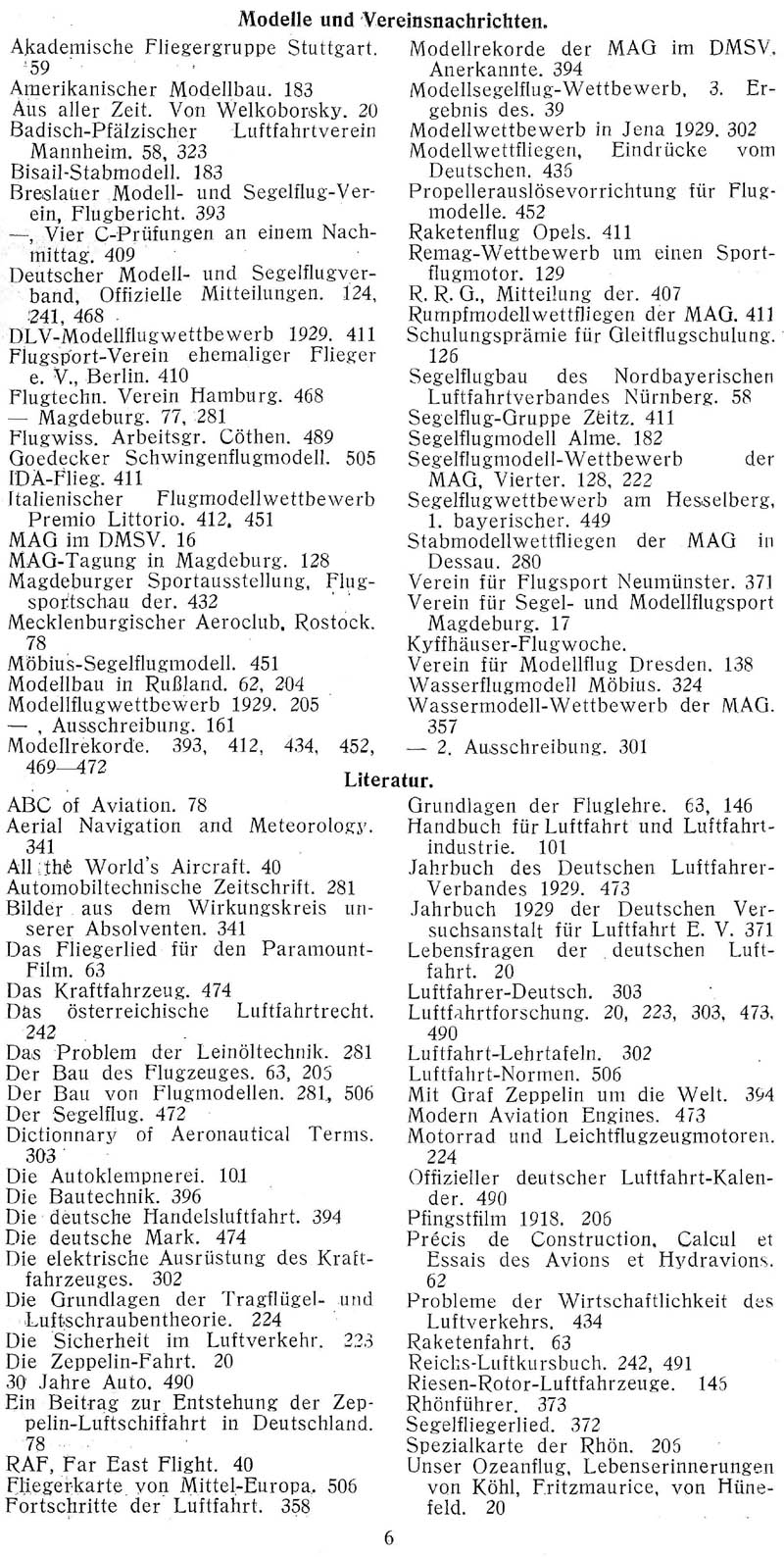 Sachregister und Inhaltsverzeichnis der Zeitschrift Flugsport für das Jahr 1929