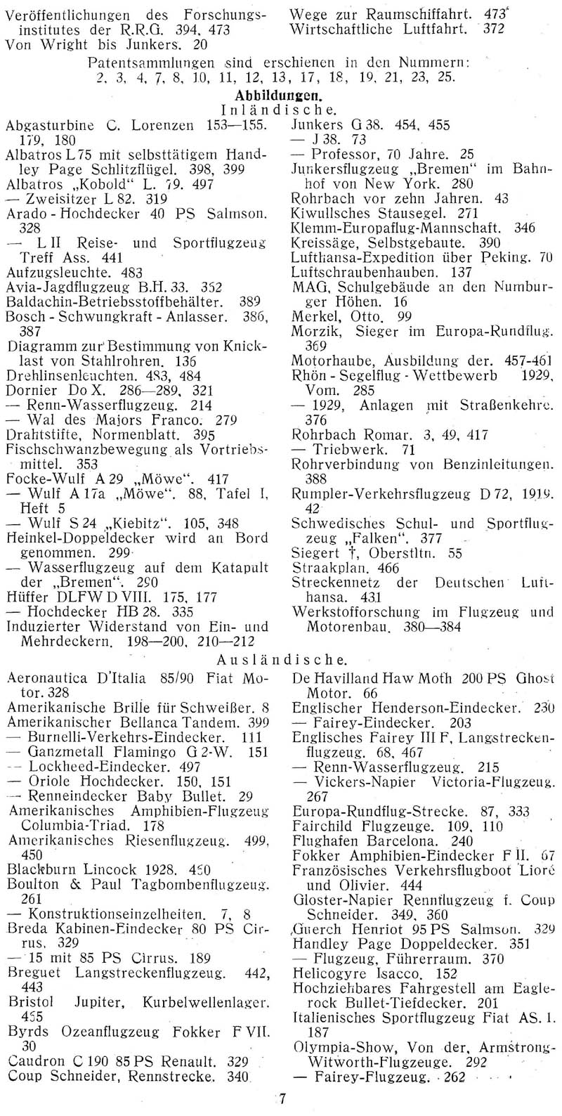 Sachregister und Inhaltsverzeichnis der Zeitschrift Flugsport für das Jahr 1929