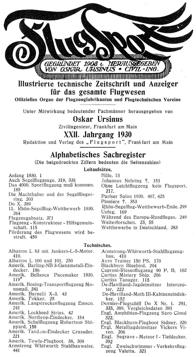 Sachregister und Inhaltsverzeichnis der Zeitschrift Flugsport für das Jahr 1930