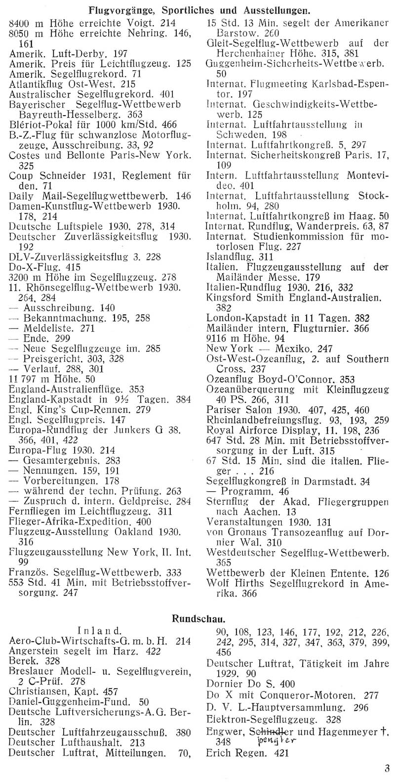 Sachregister und Inhaltsverzeichnis der Zeitschrift Flugsport für das Jahr 1930