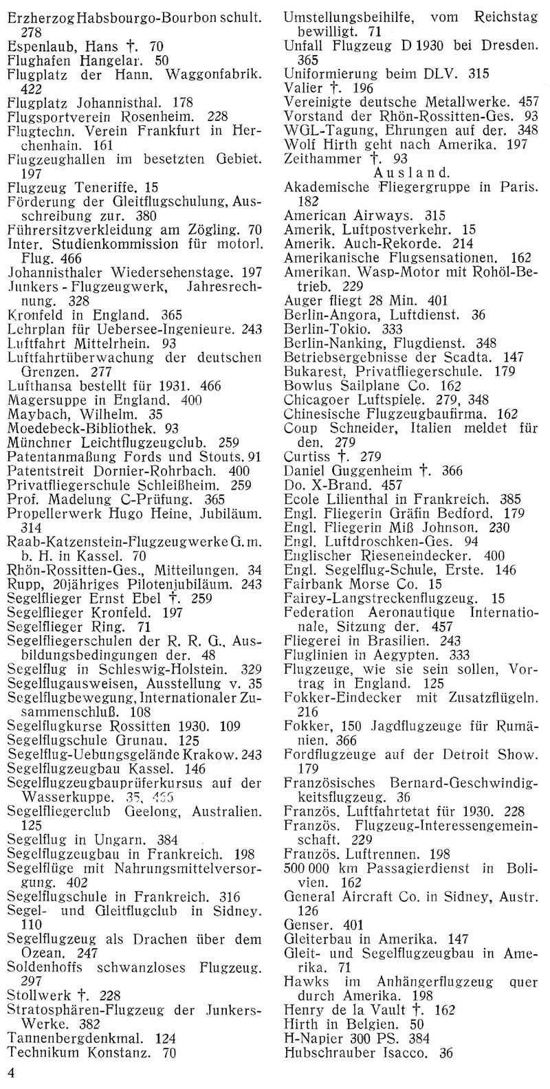 Sachregister und Inhaltsverzeichnis der Zeitschrift Flugsport für das Jahr 1930