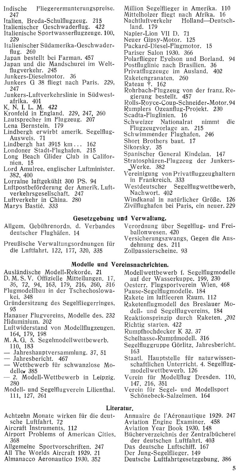 Sachregister und Inhaltsverzeichnis der Zeitschrift Flugsport für das Jahr 1930