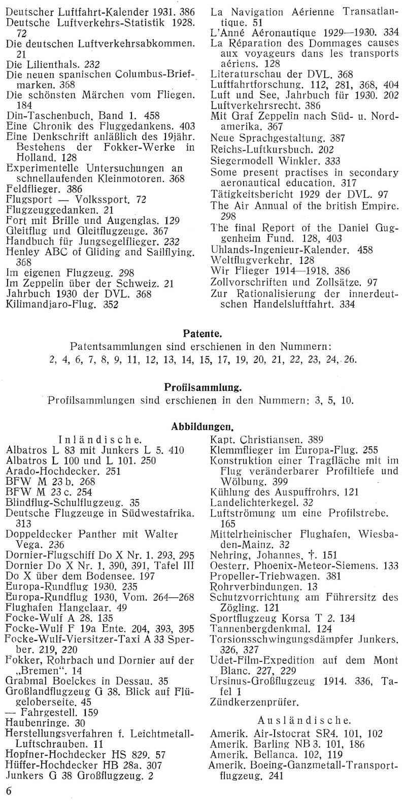 Sachregister und Inhaltsverzeichnis der Zeitschrift Flugsport für das Jahr 1930