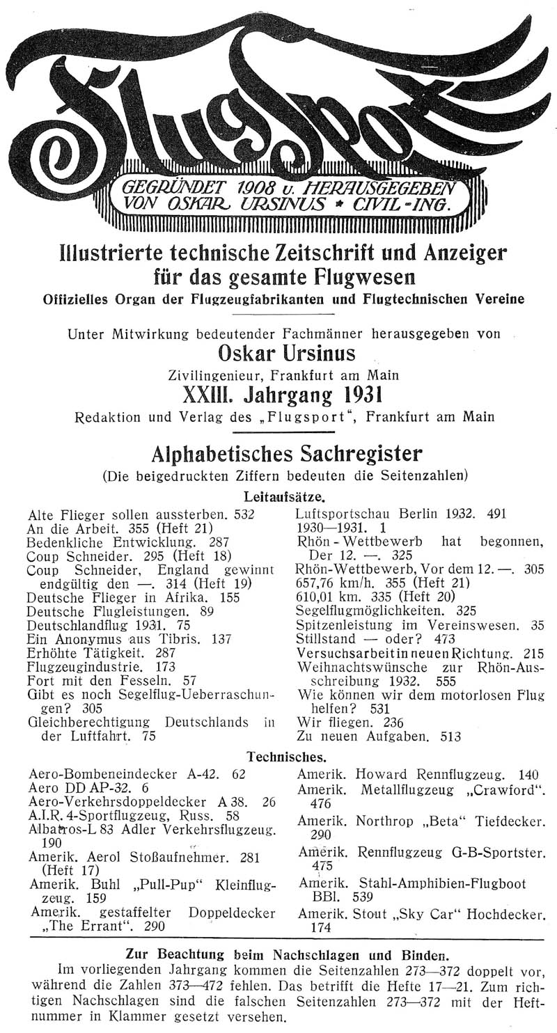 Sachregister und Inhaltsverzeichnis der Zeitschrift Flugsport für das Jahr 1931