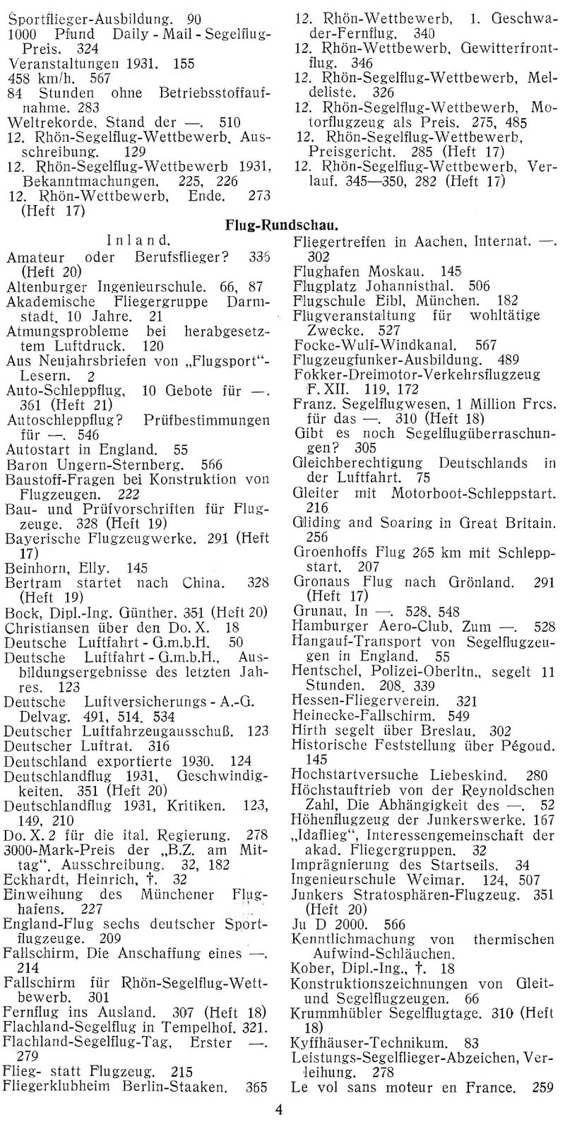 Sachregister und Inhaltsverzeichnis der Zeitschrift Flugsport für das Jahr 1931