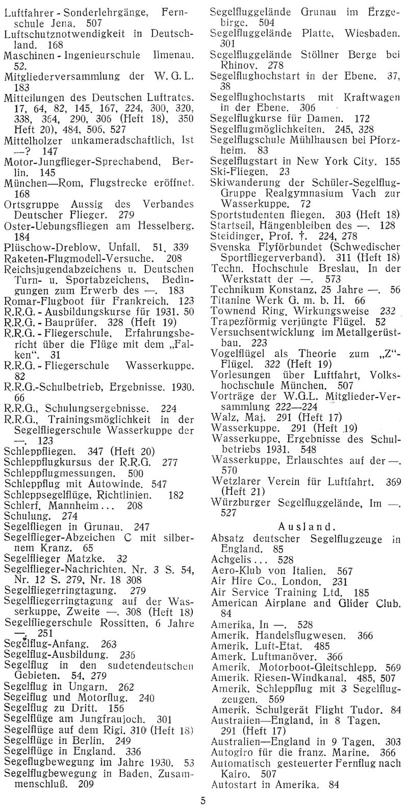 Sachregister und Inhaltsverzeichnis der Zeitschrift Flugsport für das Jahr 1931