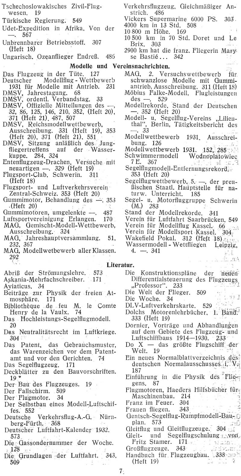 Sachregister und Inhaltsverzeichnis der Zeitschrift Flugsport für das Jahr 1931