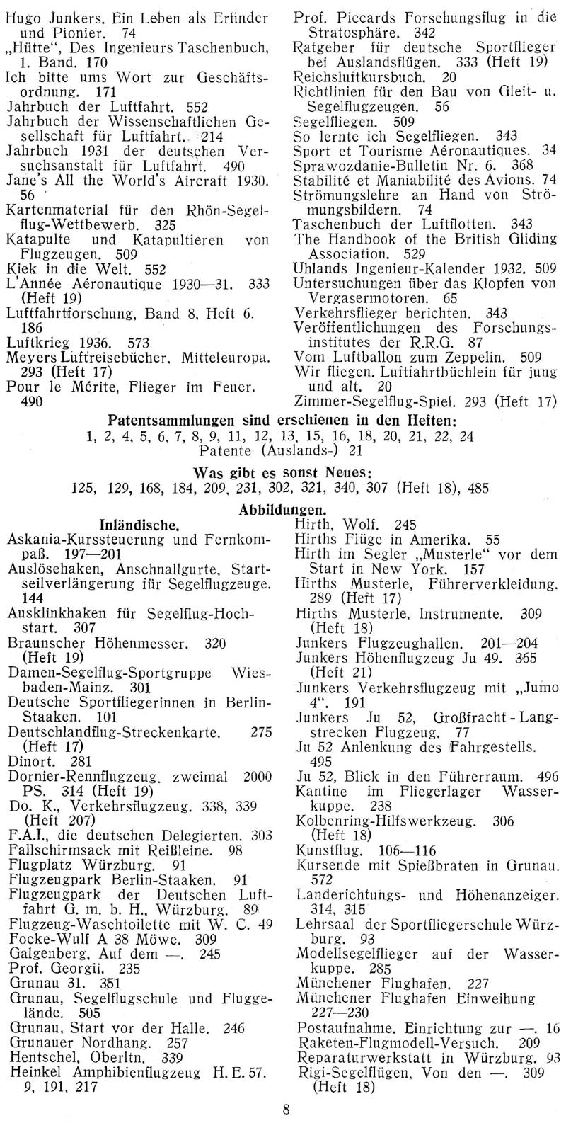 Sachregister und Inhaltsverzeichnis der Zeitschrift Flugsport für das Jahr 1931