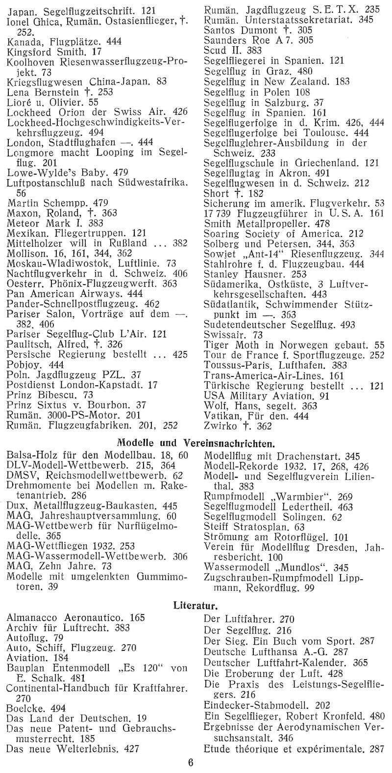 Sachregister und Inhaltsverzeichnis der Zeitschrift Flugsport für das Jahr 1932