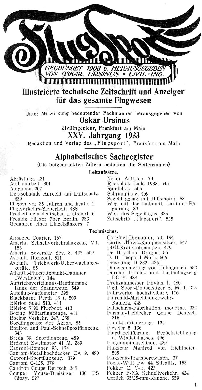 Sachregister und Inhaltsverzeichnis der Zeitschrift Flugsport für das Jahr 1933