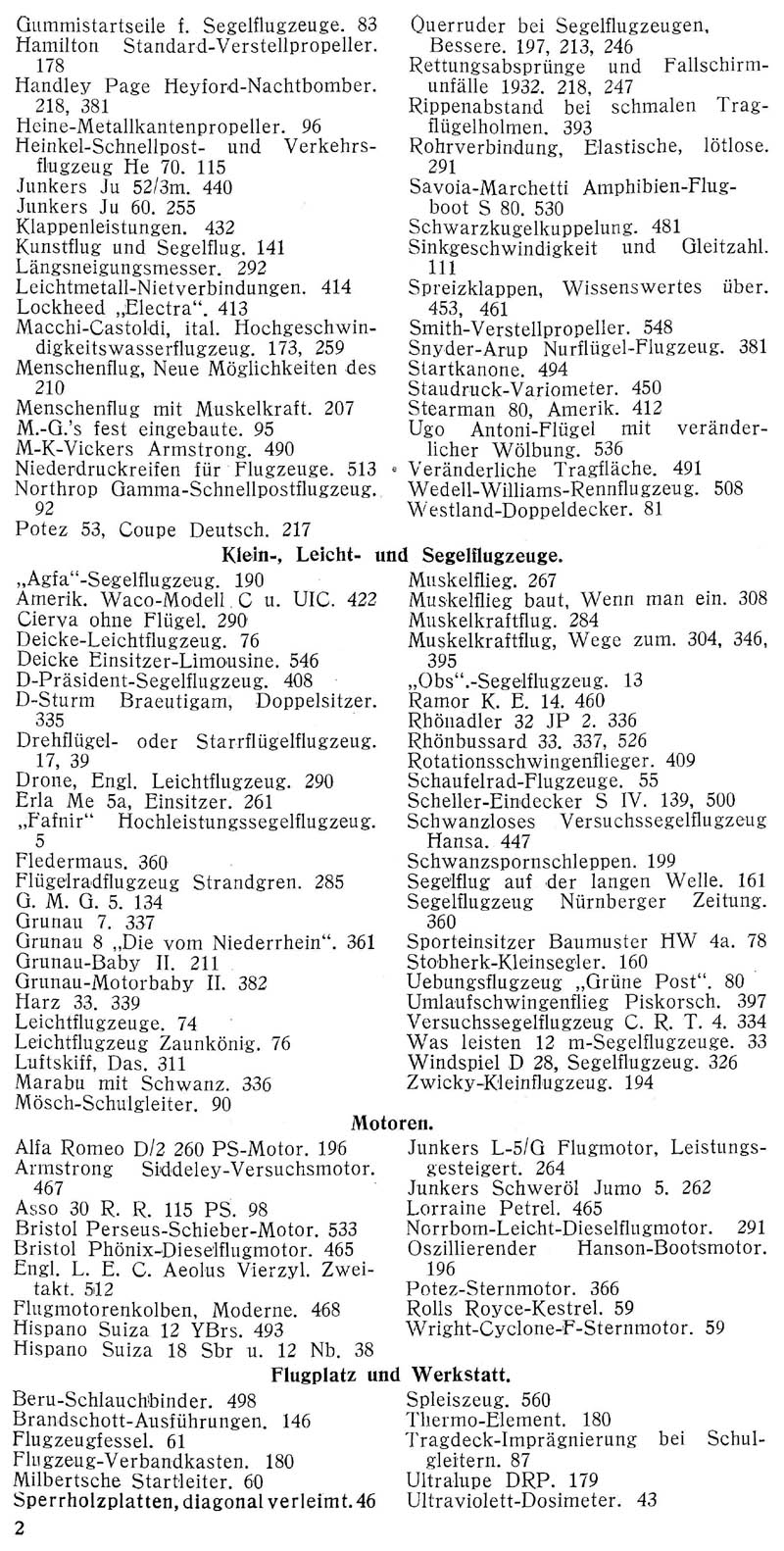 Sachregister und Inhaltsverzeichnis der Zeitschrift Flugsport für das Jahr 1933