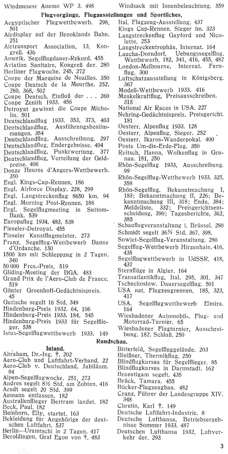 Sachregister und Inhaltsverzeichnis der Zeitschrift Flugsport für das Jahr 1933