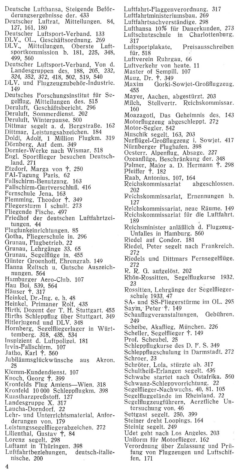 Sachregister und Inhaltsverzeichnis der Zeitschrift Flugsport für das Jahr 1933