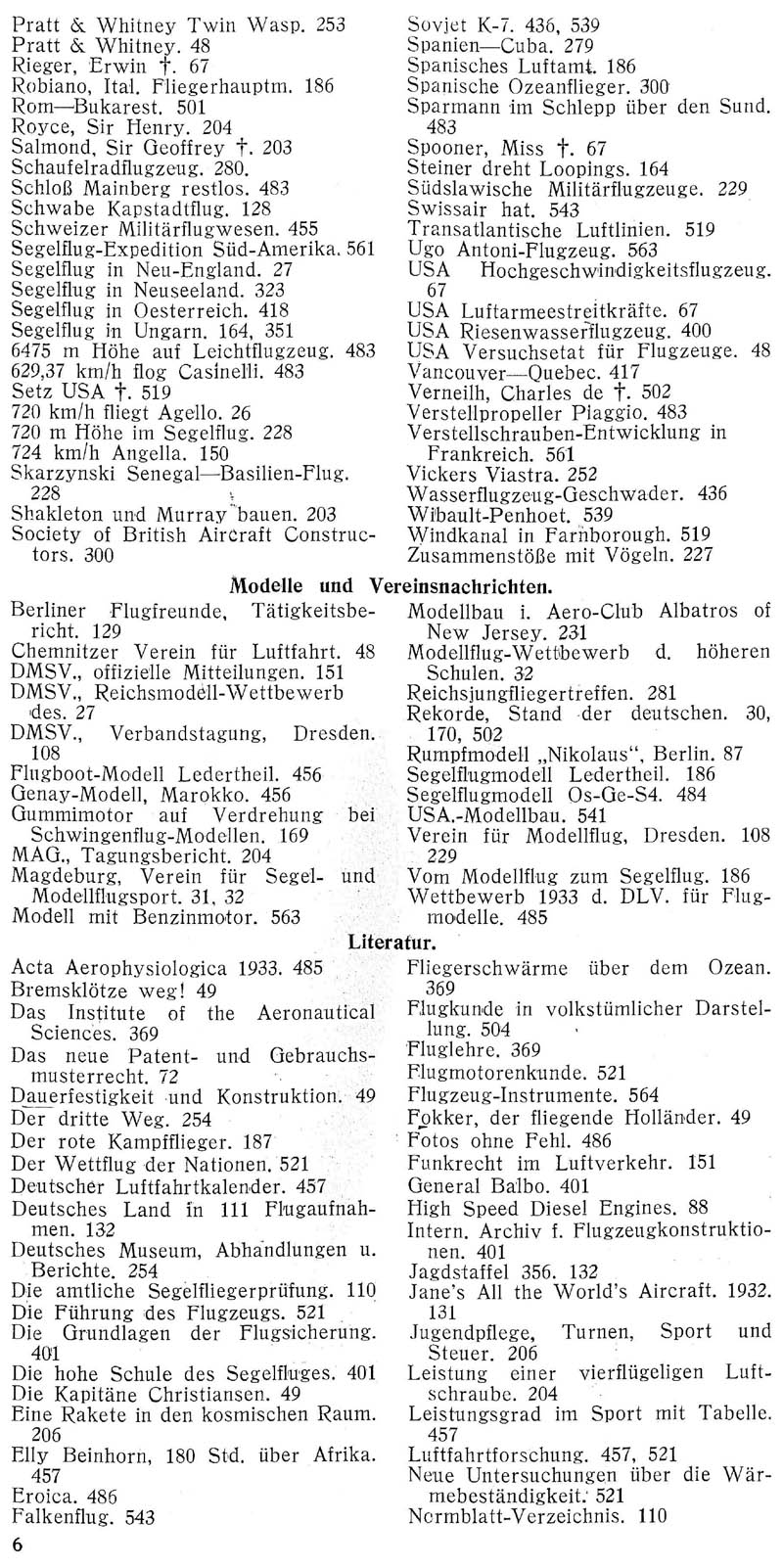 Sachregister und Inhaltsverzeichnis der Zeitschrift Flugsport für das Jahr 1933