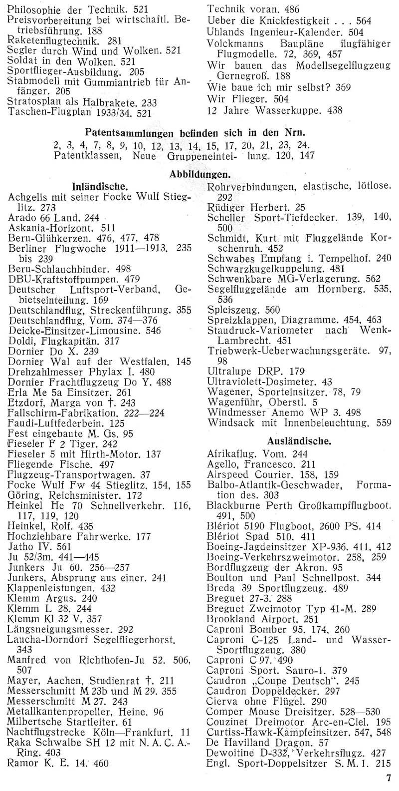 Sachregister und Inhaltsverzeichnis der Zeitschrift Flugsport für das Jahr 1933