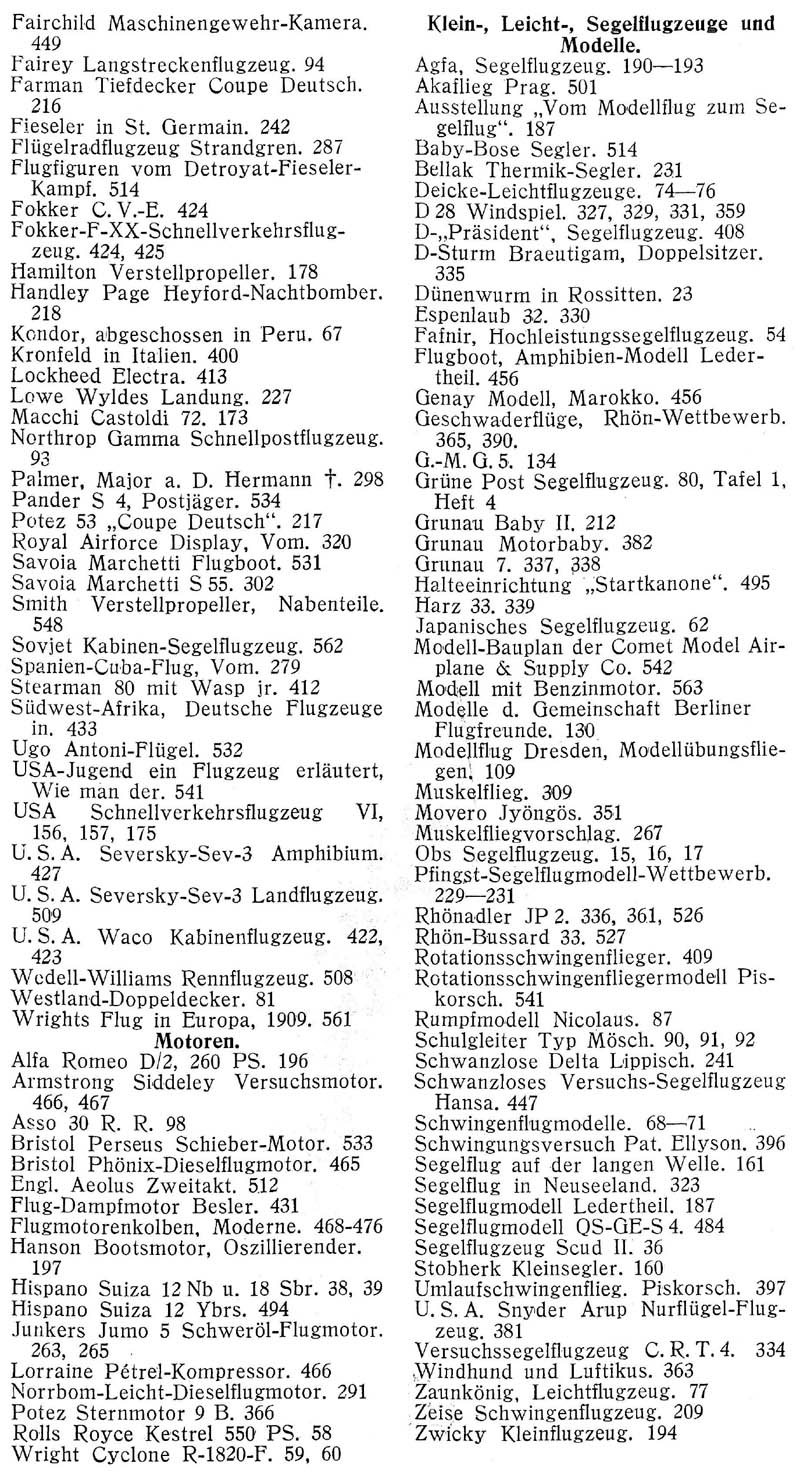 Sachregister und Inhaltsverzeichnis der Zeitschrift Flugsport für das Jahr 1933