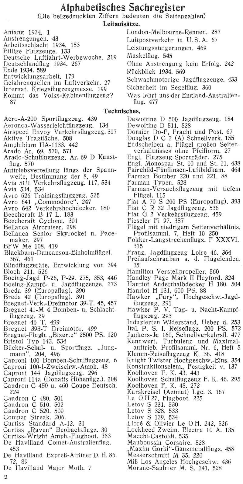 Sachregister und Inhaltsverzeichnis der Zeitschrift Flugsport für das Jahr 1934