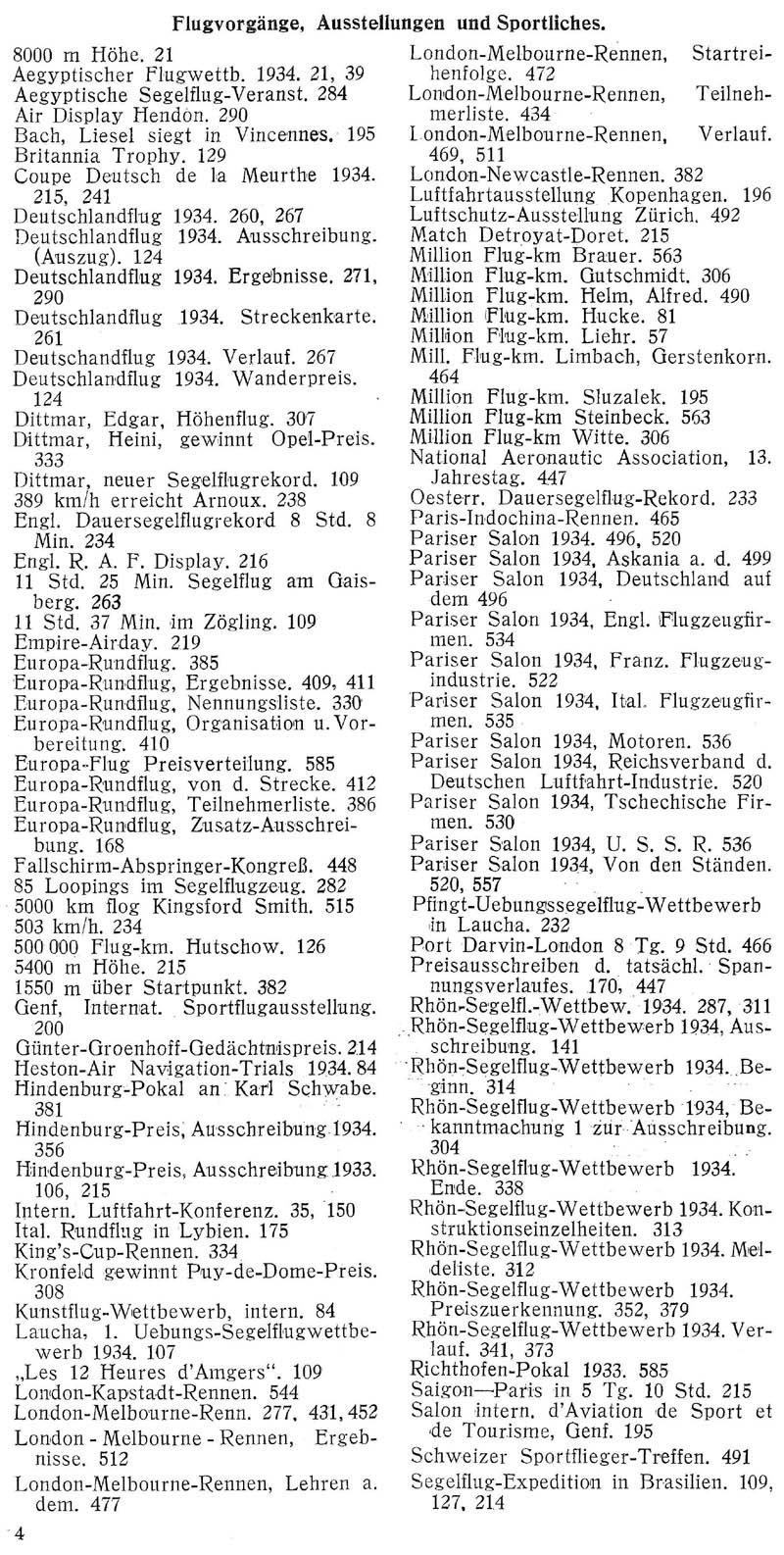 Sachregister und Inhaltsverzeichnis der Zeitschrift Flugsport für das Jahr 1934