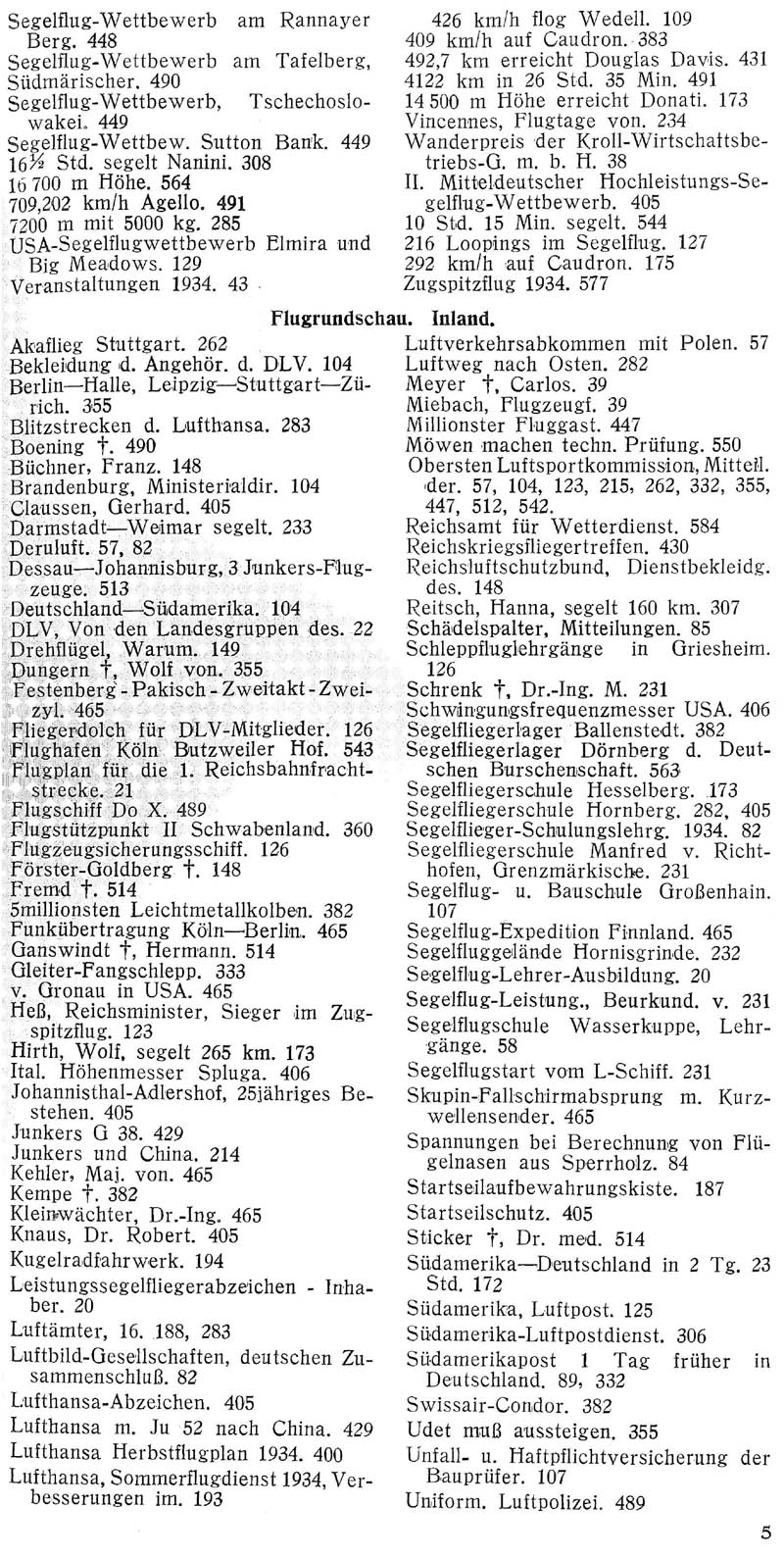 Sachregister und Inhaltsverzeichnis der Zeitschrift Flugsport für das Jahr 1934