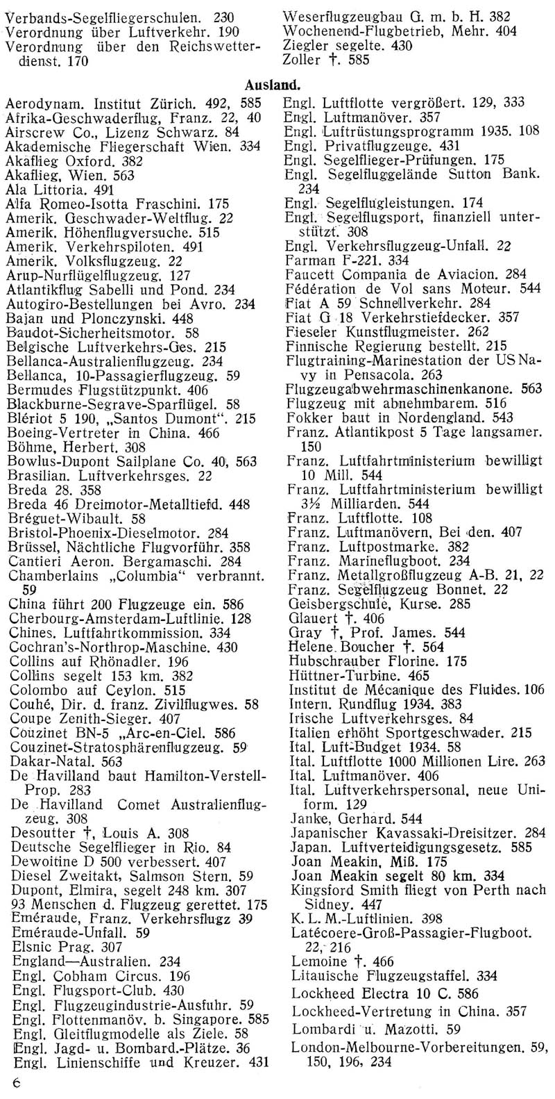 Sachregister und Inhaltsverzeichnis der Zeitschrift Flugsport für das Jahr 1934