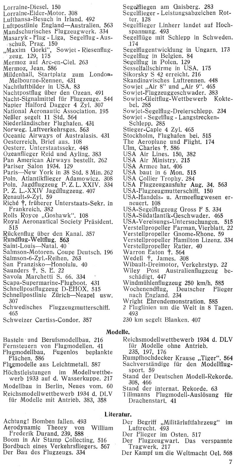 Sachregister und Inhaltsverzeichnis der Zeitschrift Flugsport für das Jahr 1934