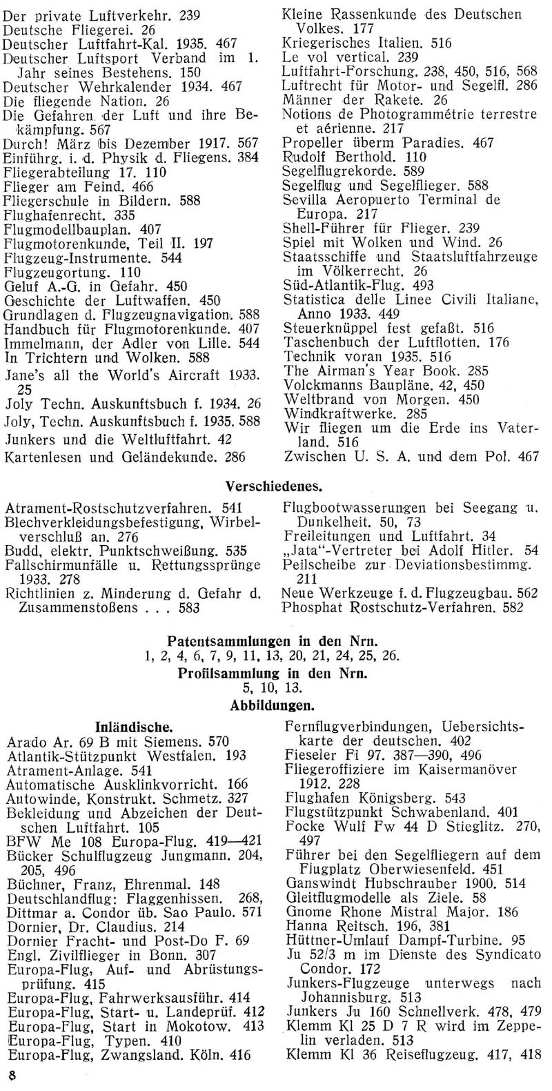 Sachregister und Inhaltsverzeichnis der Zeitschrift Flugsport für das Jahr 1934