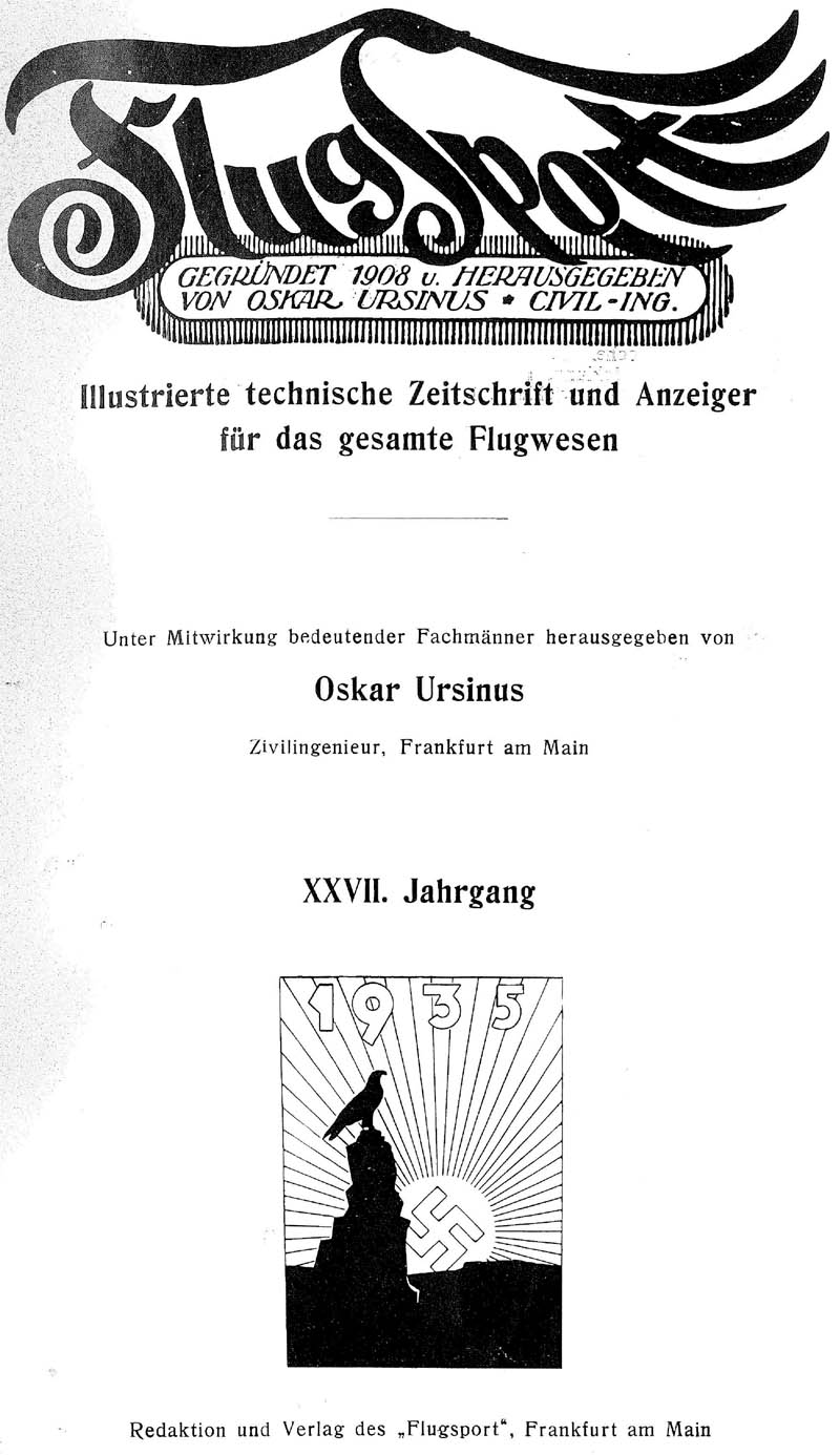 Sachregister und Inhaltsverzeichnis der Zeitschrift Flugsport für das Jahr 1935