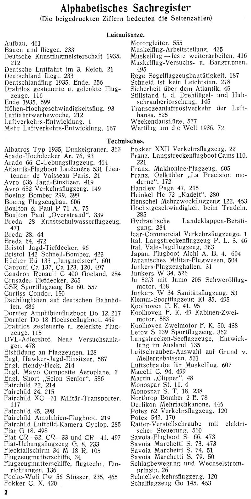 Sachregister und Inhaltsverzeichnis der Zeitschrift Flugsport für das Jahr 1935