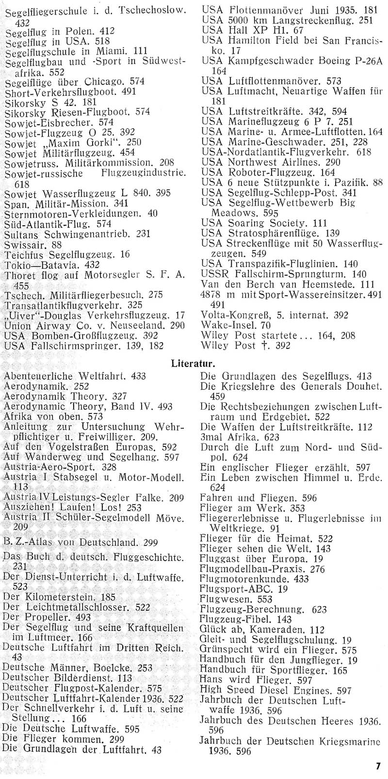 Sachregister und Inhaltsverzeichnis der Zeitschrift Flugsport für das Jahr 1935