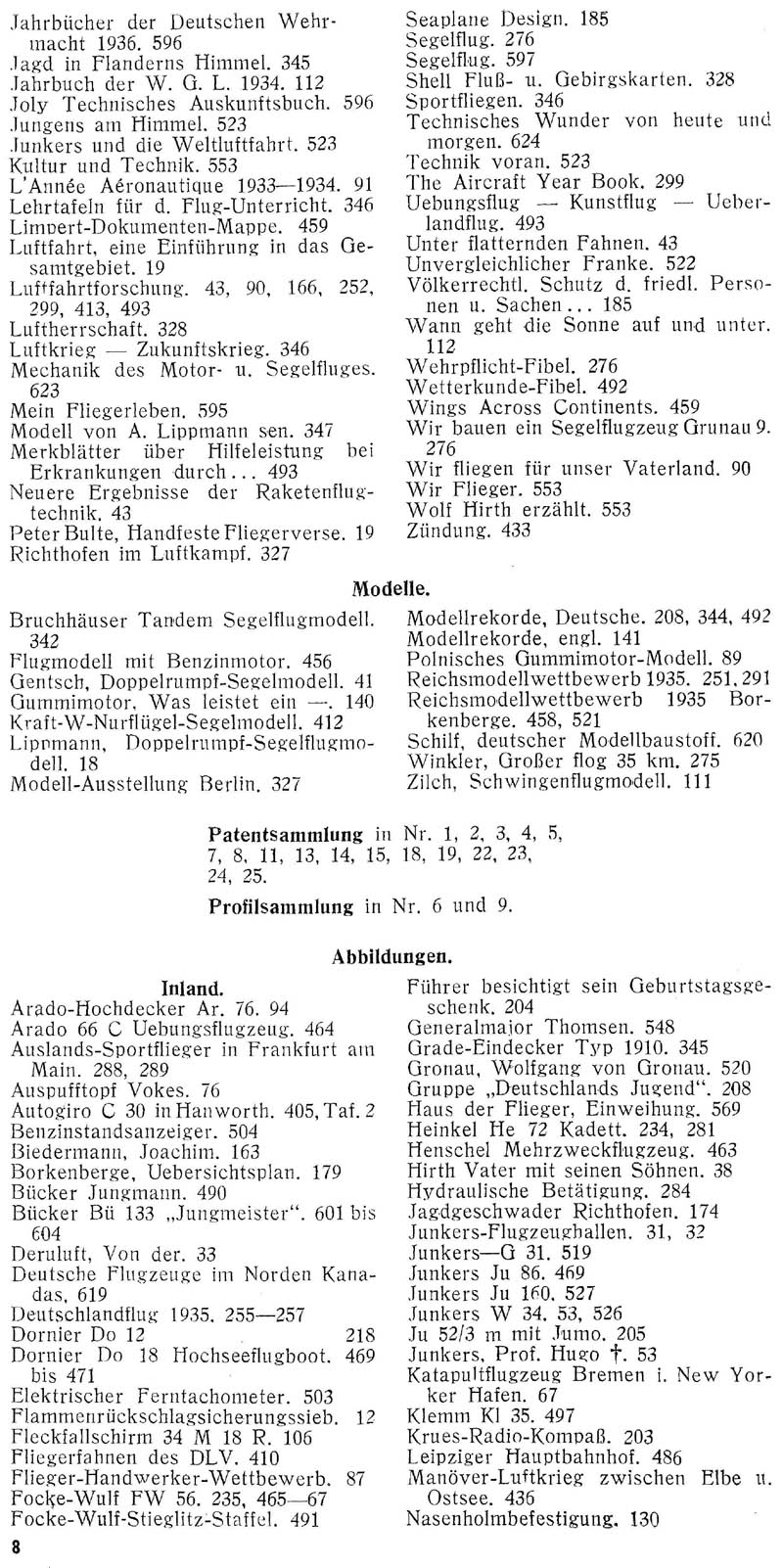 Sachregister und Inhaltsverzeichnis der Zeitschrift Flugsport für das Jahr 1935