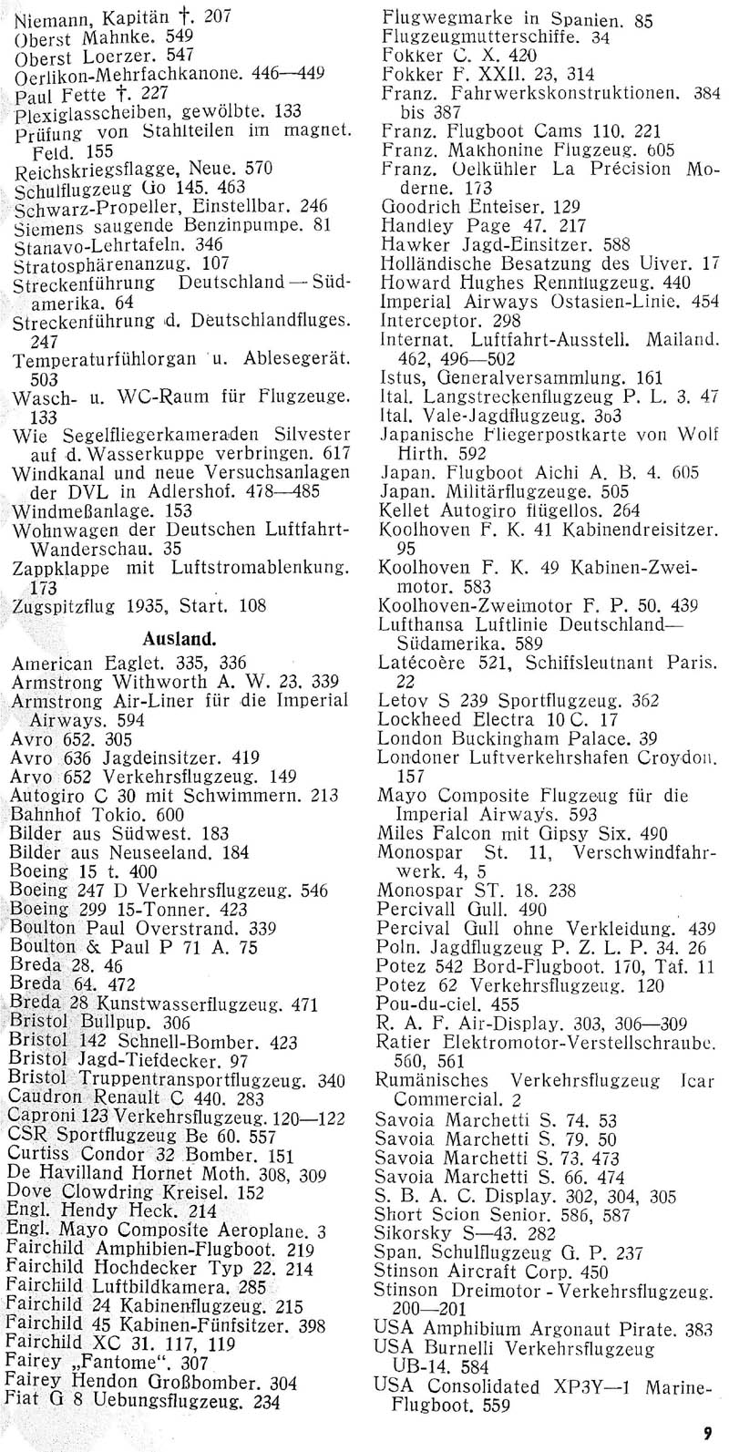 Sachregister und Inhaltsverzeichnis der Zeitschrift Flugsport für das Jahr 1935