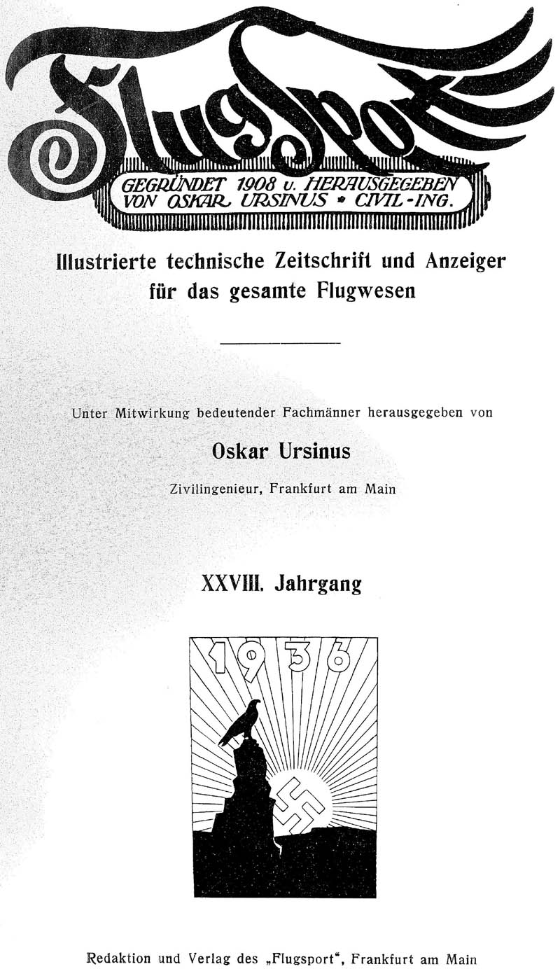 Sachregister und Inhaltsverzeichnis der Zeitschrift Flugsport für das Jahr 1936