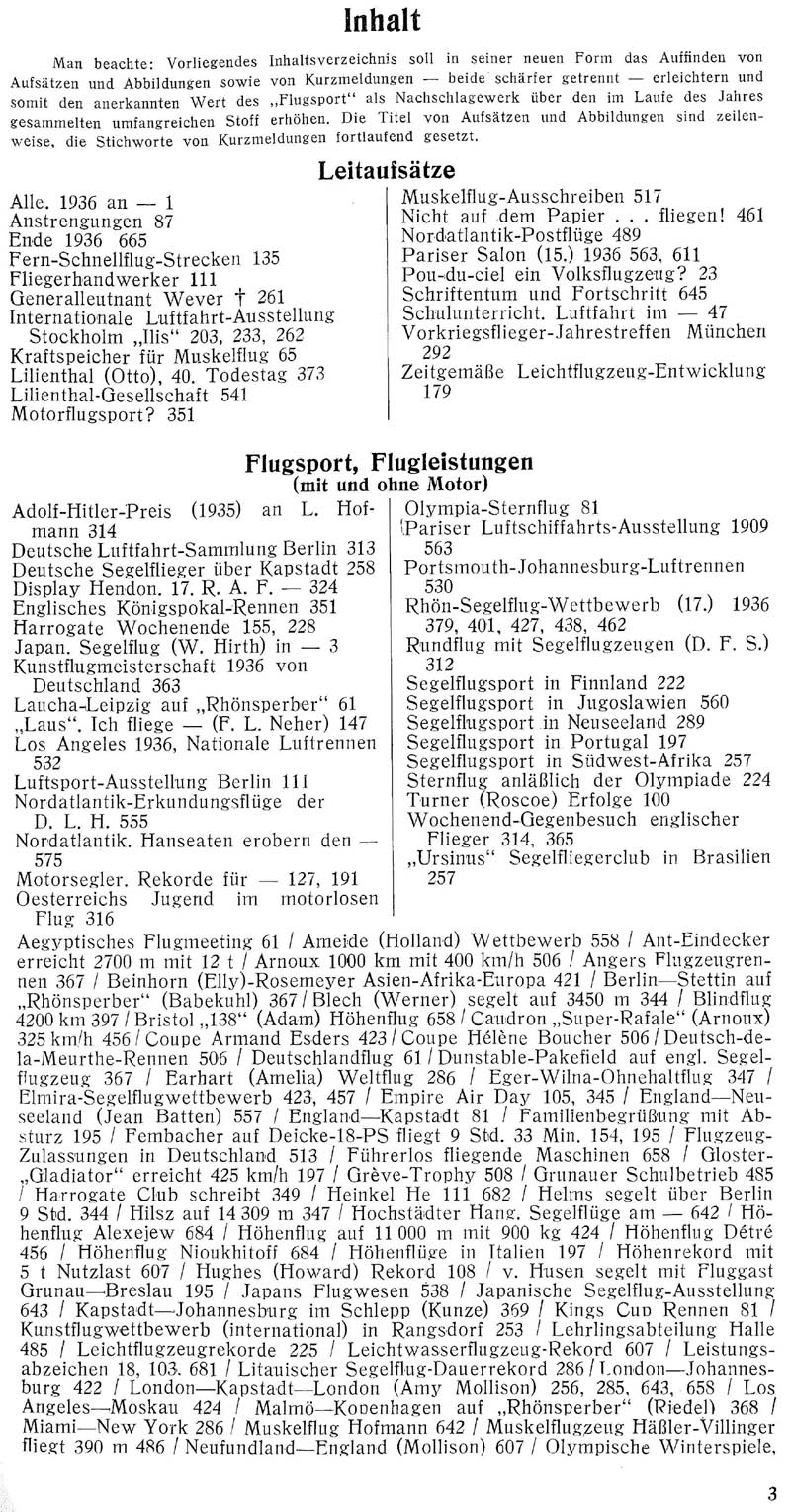 Sachregister und Inhaltsverzeichnis der Zeitschrift Flugsport für das Jahr 1936