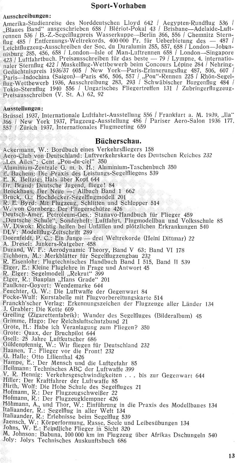 Sachregister und Inhaltsverzeichnis der Zeitschrift Flugsport für das Jahr 1936