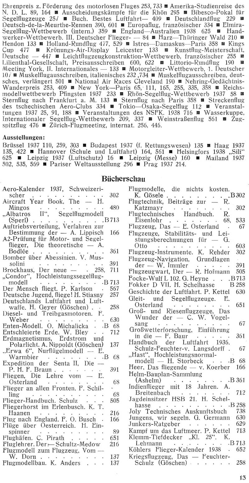 Sachregister und Inhaltsverzeichnis der Zeitschrift Flugsport für das Jahr 1937